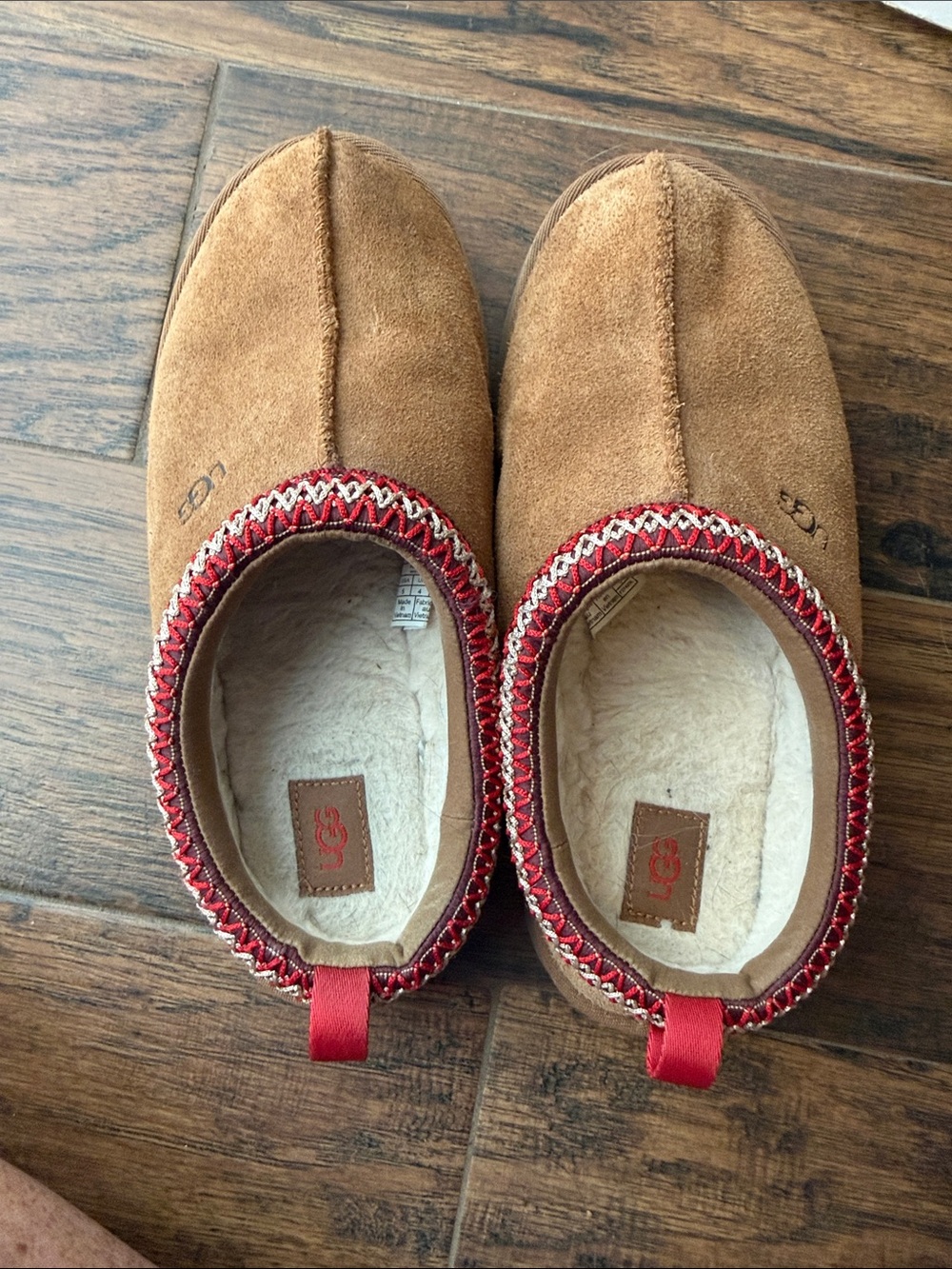 UGG Chestnut Suede Tasman Slippers with Red Trim